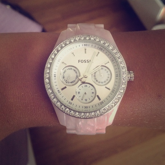Pink marbled fossil watch