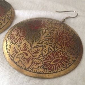 Vintage big ethnic brass boho red etched earrings