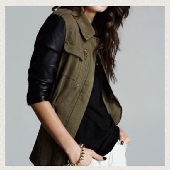 Kaiyunzu Outerwear - Army Style Jacket Faux Leather Sleeves by Kaiyunzu