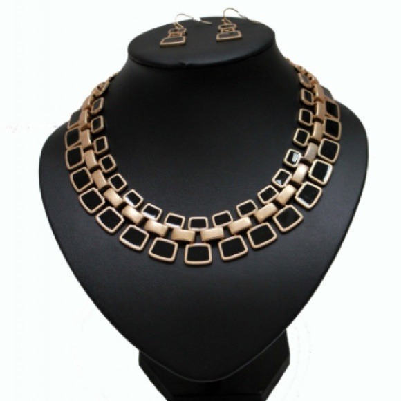 Black & Gold Squared Link Necklace & Earring Set