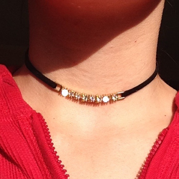 Black Velvet and Gold Crystal Choker Necklace