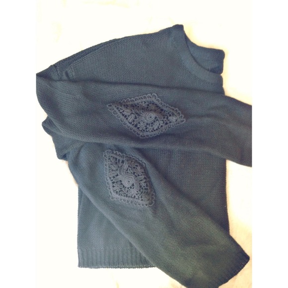 Black Cropped Sweater with crochet elbow patches