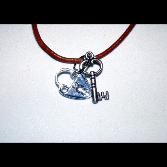 Handcrafted heart lock & key on leather  necklace
