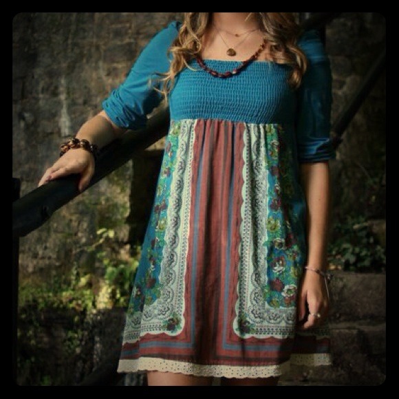 Teal and brown pattern dress