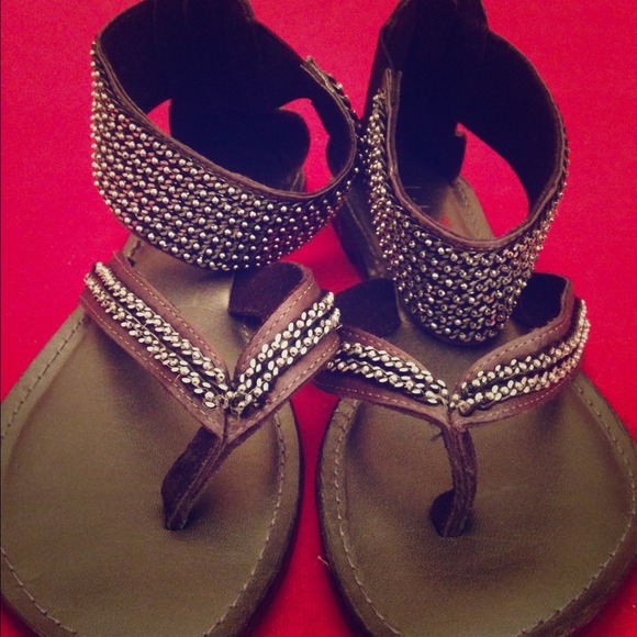 Metallic grey gladiator sandals w silver beading