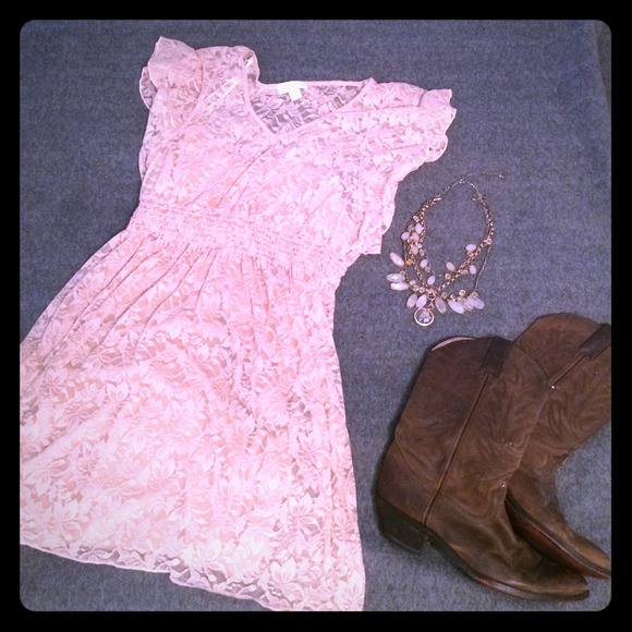 Light rose color, lace dress.