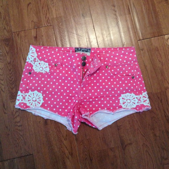 Pink and white polka dot lace cut off shorts