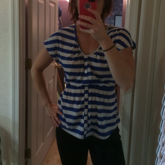 Blue and tan striped tee with crochet back