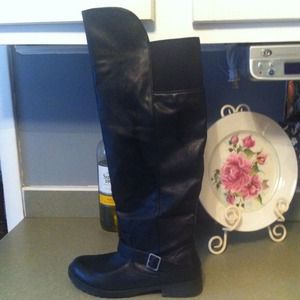 Just over the knee black boots, silver hardware