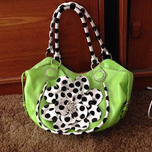 lime green and polka dot flower purse