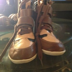 Brown and tan wedge shoe
