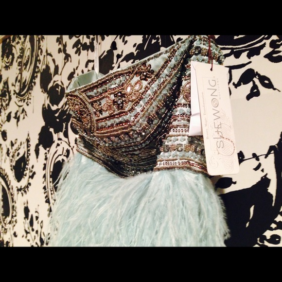 Sue Wong blue beaded and feather dress.