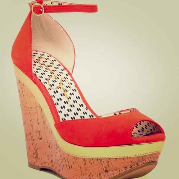 Burnt orange suede peep toe cork wedges