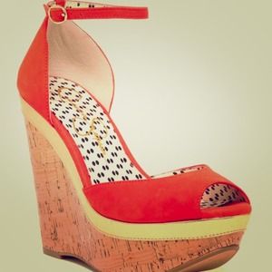 Burnt orange suede peep toe cork wedges