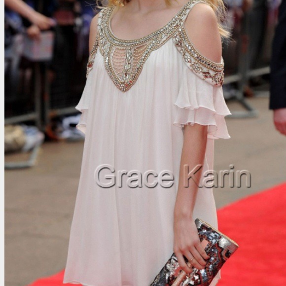 Off shoulder chiffon white bid dress