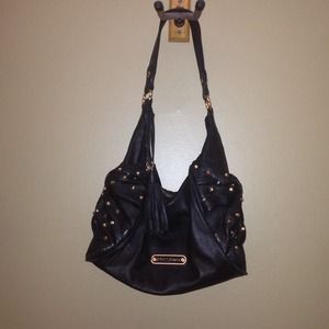 Betsey Johnson black leather gold studded hobo bag