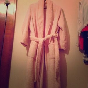 peach colored long fuzzy robe