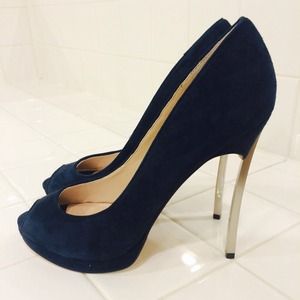 Navy blue suede peep toe heels