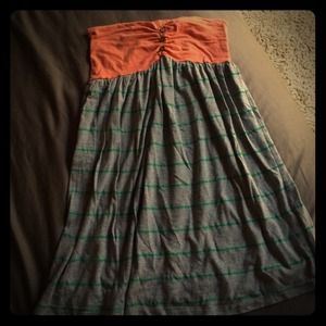 Grey dress with peach top and green stripes