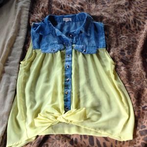 denim and yellow silk shirt