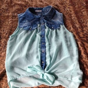 denim and teal silk shirt