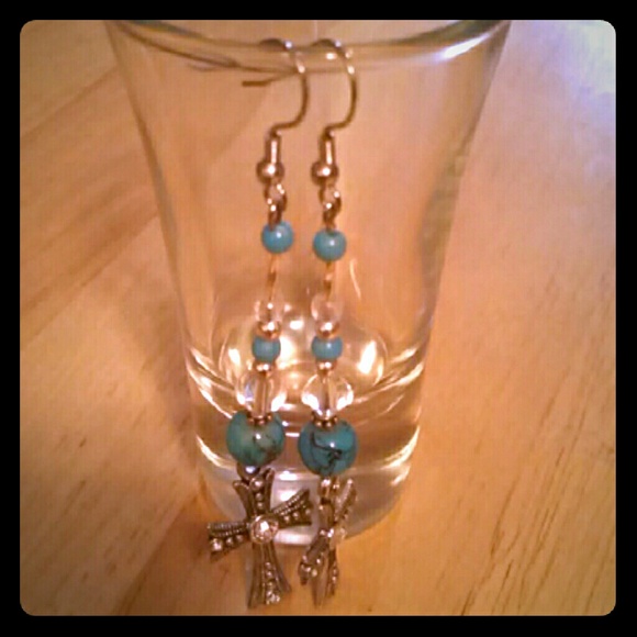 Turquoise diamond cross drop earrings