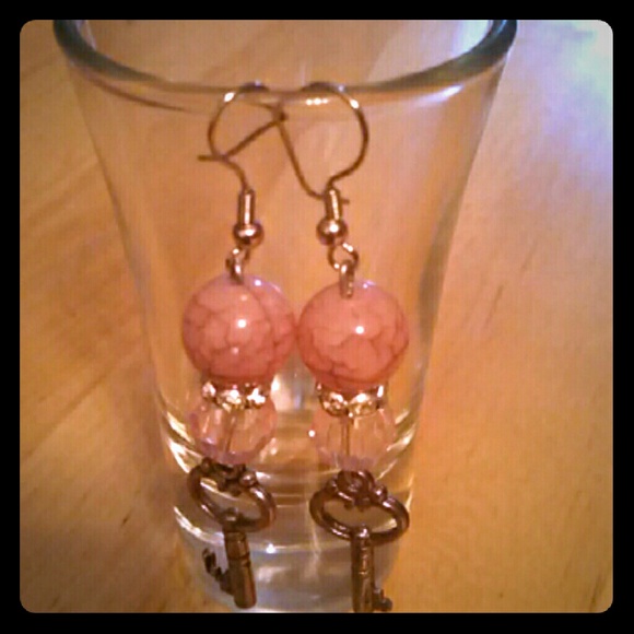 Pink key drop diamond earrings