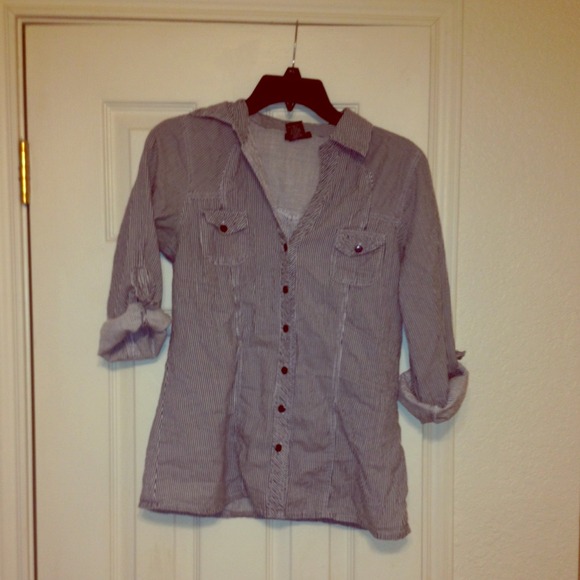 Navy and blue and white thin stripped button up.