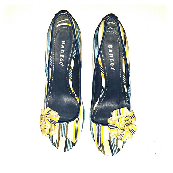 Striped Peep Toe Wedge with Flower Detail