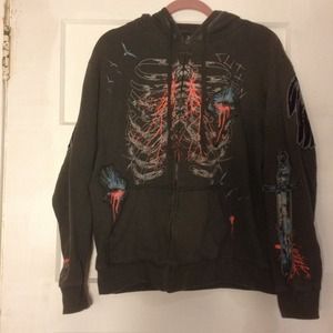 Zip up hoodie, gothic style.