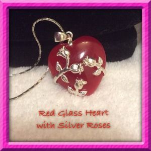 Vintage Glass Heart with Silver Tone Roses
