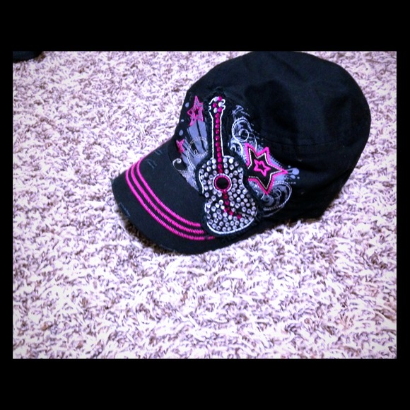 Black & hot pink bedazzled guitar hat