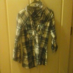 Blue black whit and gray plaid shirt