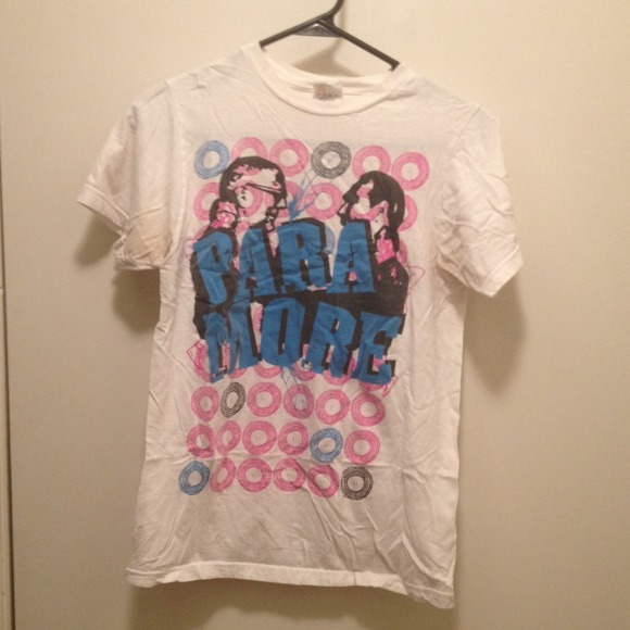 White Paramore Band Tee With Pink And Blue Circles