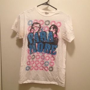 White Paramore Band Tee With Pink And Blue Circles