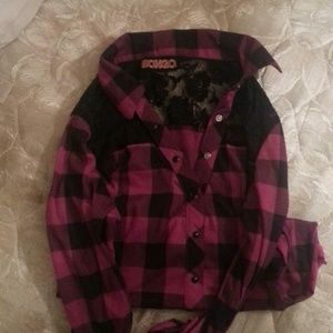 Dark pink and black plaid lace top