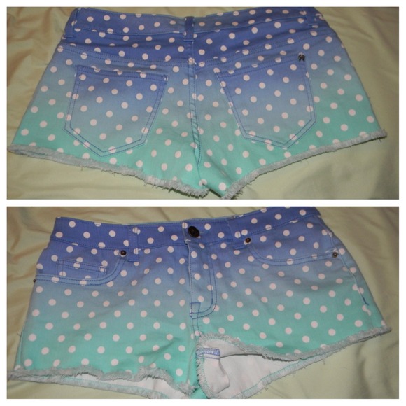 Blue and green ombré shorts with white polka dots