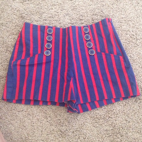 red and dark blue high waisted shorts