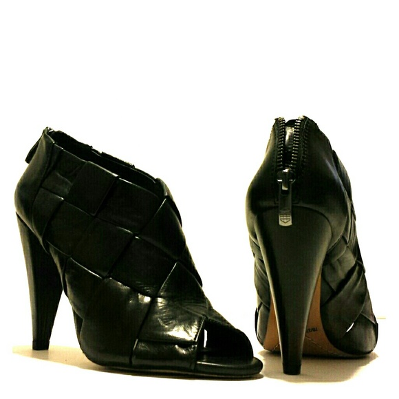 Black nappa leather bootie heels w/ peep toe
