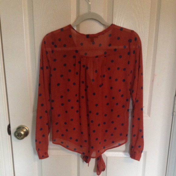 orange blouse with navy blue polkadots - Picture 2 of 3