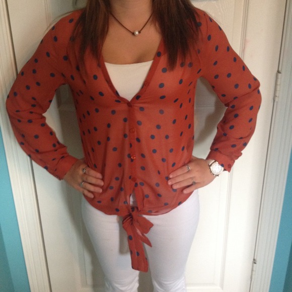 orange blouse with navy blue polkadots - Picture 3 of 3