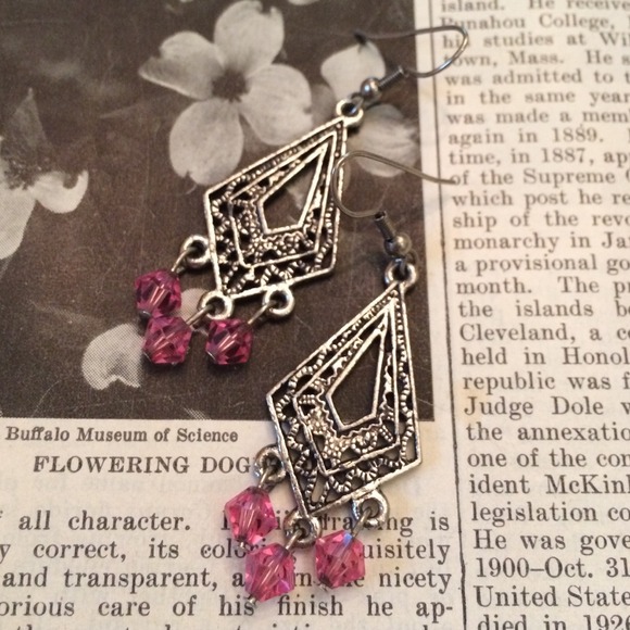 Silver Earrings with Pink Bead Accents