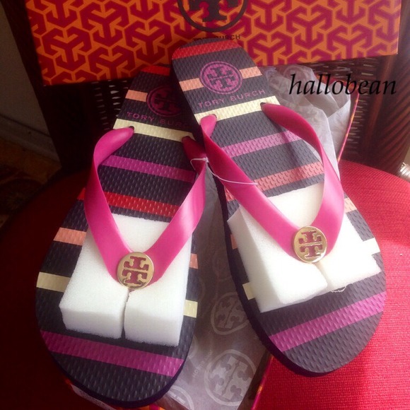 SOLD~~Tory Burch Fuchsia Classic Stripe Flip Flop
