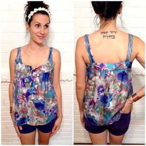 Postmark ladderlace watercolor silk ruffle top