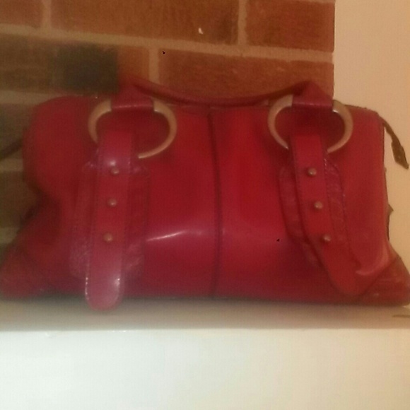 Red leather handbag