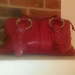 Red leather handbag