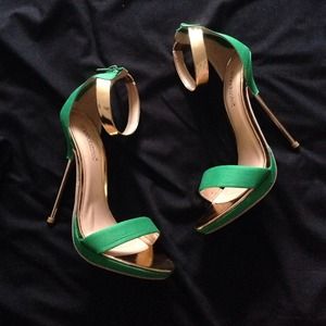 Lowered Green and gold sandal heels