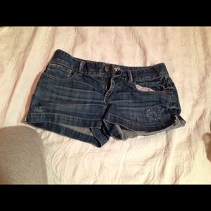 Patchwork blue jean shorts.