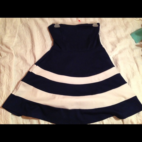 Navy blue and white striped dress.