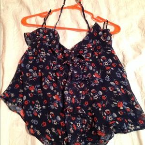 Navy blue floral blouse.